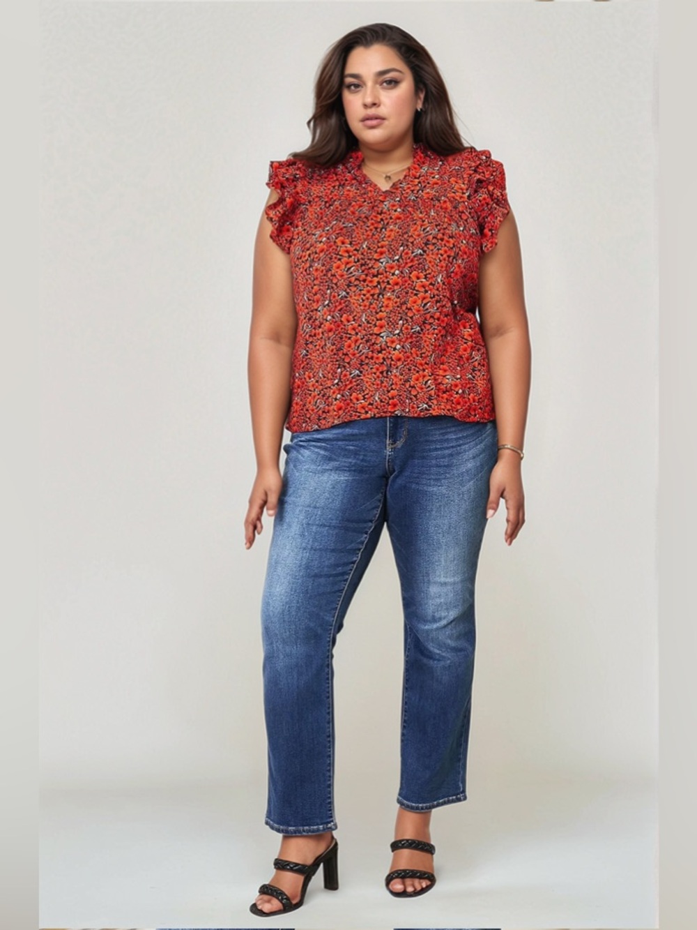 Double Take Floral Flutter Sleeve Notched Neck Blouse - Picture 12 of 12
